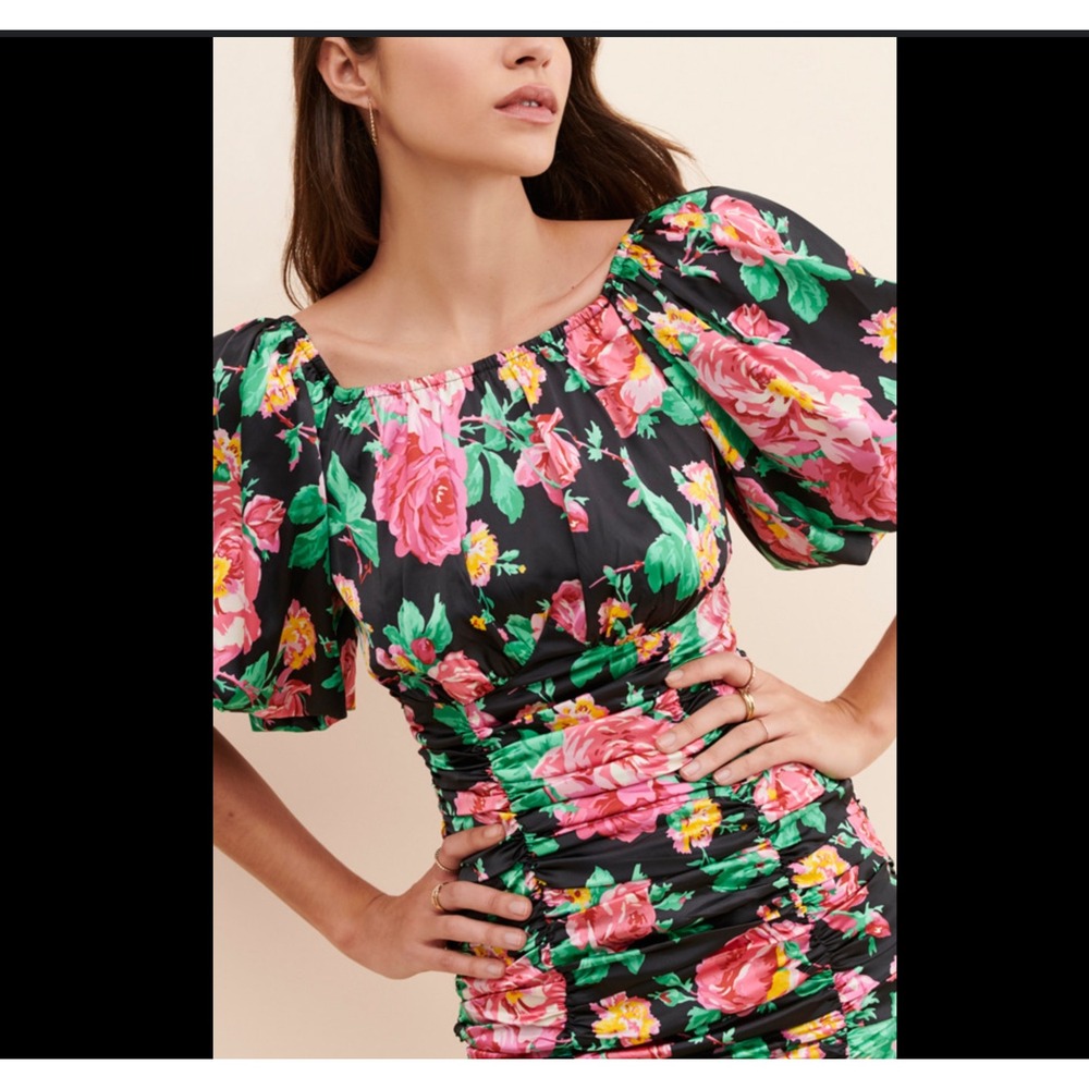 For Love & Lemons Jolie Puff Sleeve Floral Print Ruched Mini Dress Black‎ Pink M
